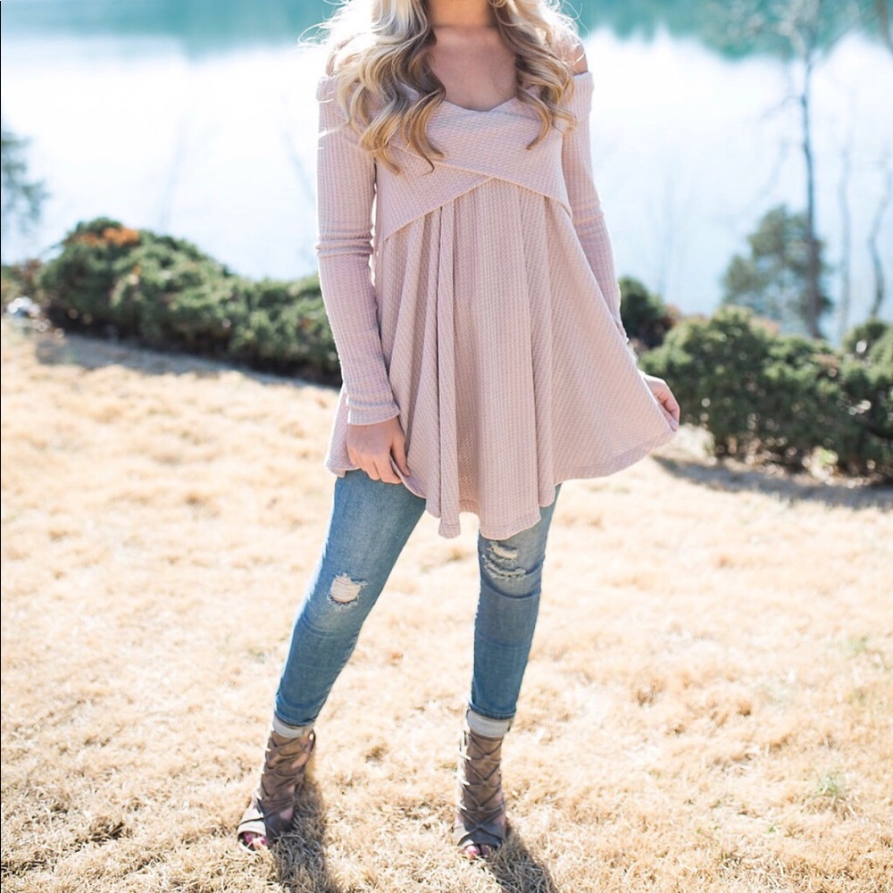 Boutique off the shoulder waffle knit top